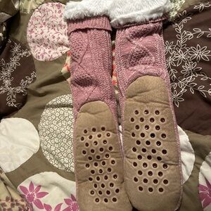 Cozy Pink Knit Slipper Socks with Fleece Lining
